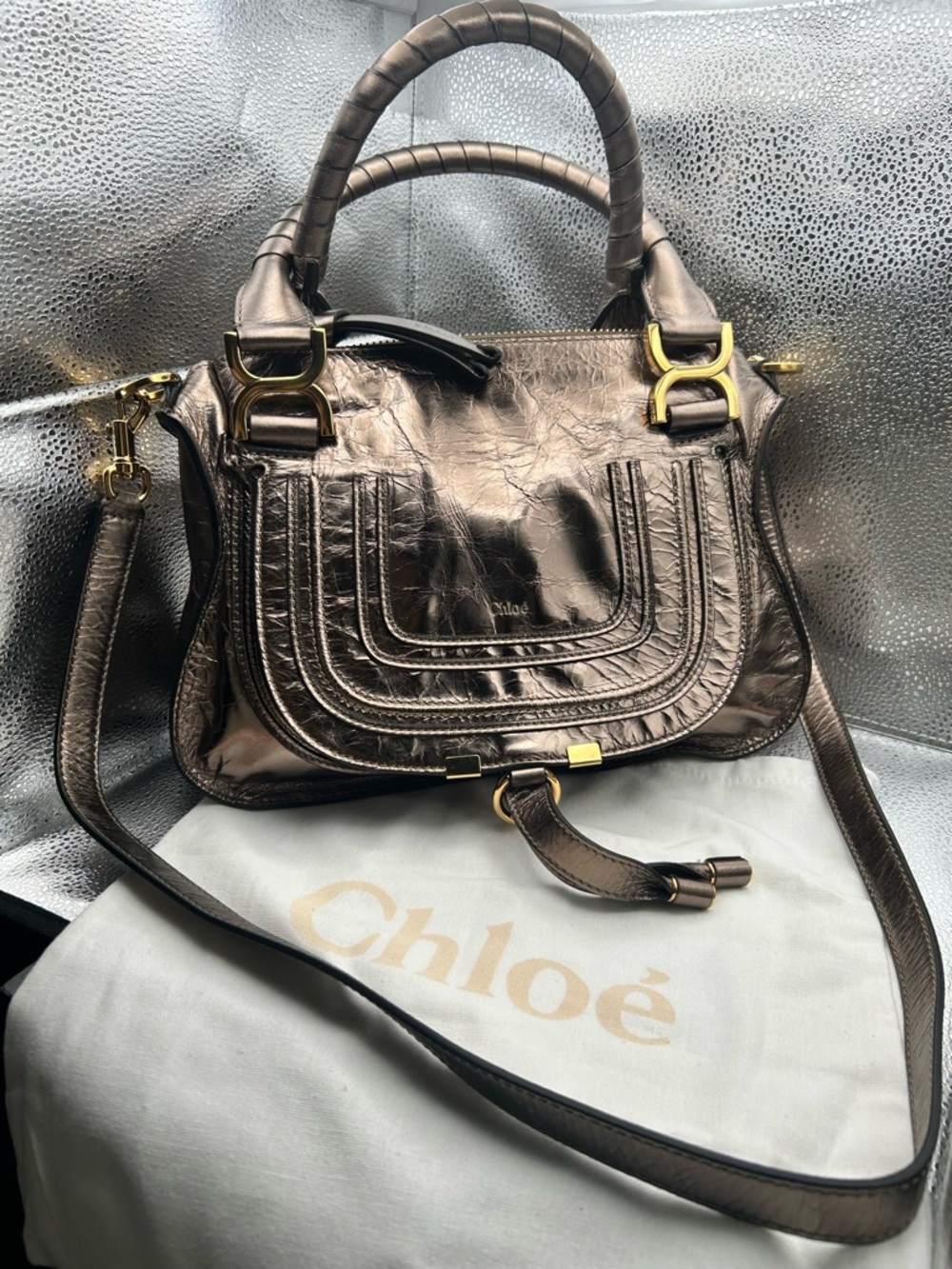 Chloé Small Marcie bronze Metallic Leather Satchel W/COA - Picture 3 of 17